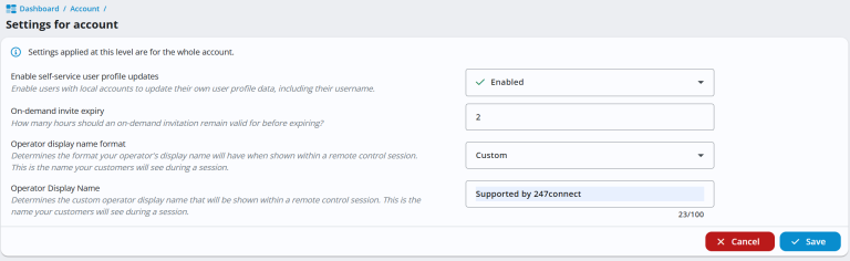 Settings for account screen displaying global account settings. Options include enabling self-service user profile updates (set to Enabled), setting the operator display name format (set to Custom), and entering a custom operator display name (set to "Supported by 247connect"). Cancel and Save buttons appear at the bottom.